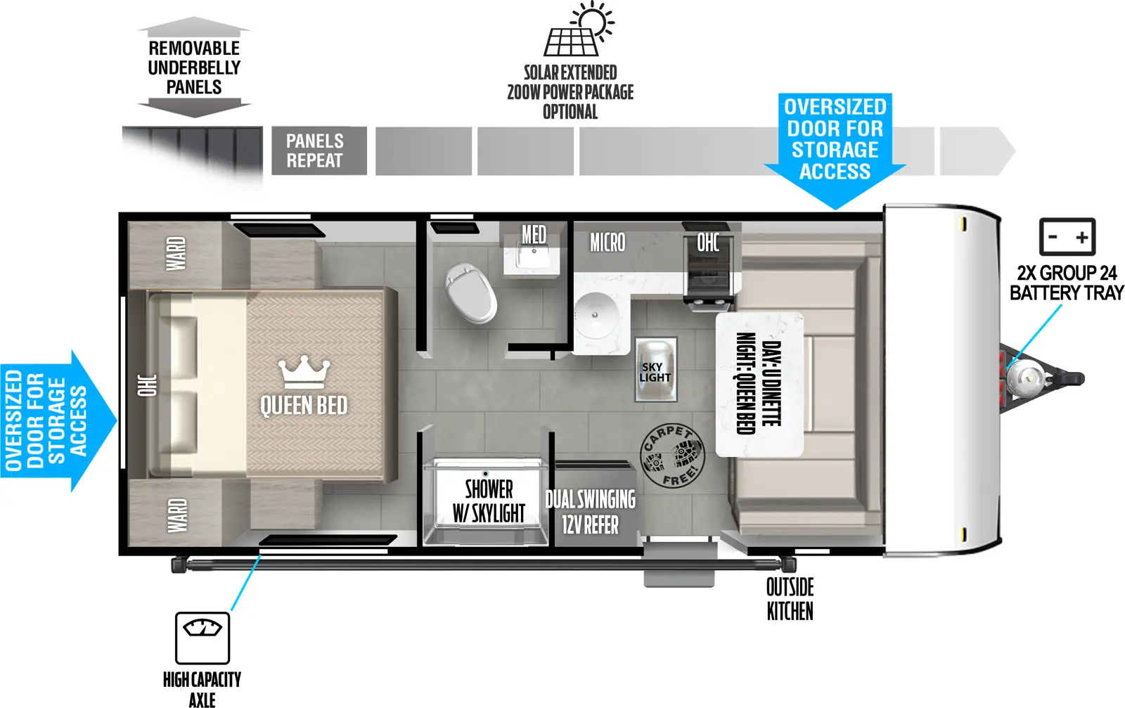 The 161QK has zero slideouts and one entry. Exterior features removeable underbelly panels, optional solar extended 200W power package, high capacity axle, outside kitchen, front 2X group 24 battery tray, and front and rear storage. Interior layout front to back: carpet-free RV; u-dinette converts to queen bed; off-door side kitchen counter with cooktop and sink wraps to inner wall, and overhead cabinet and microwave; door side entry, dual swinging 12V refrigerator, and skylight; pass through full bathroom with toilet, sink and medicine cabinet on off-door side, and shower on door side; rear queen bed with overhead cabinet and wardrobes on each side.